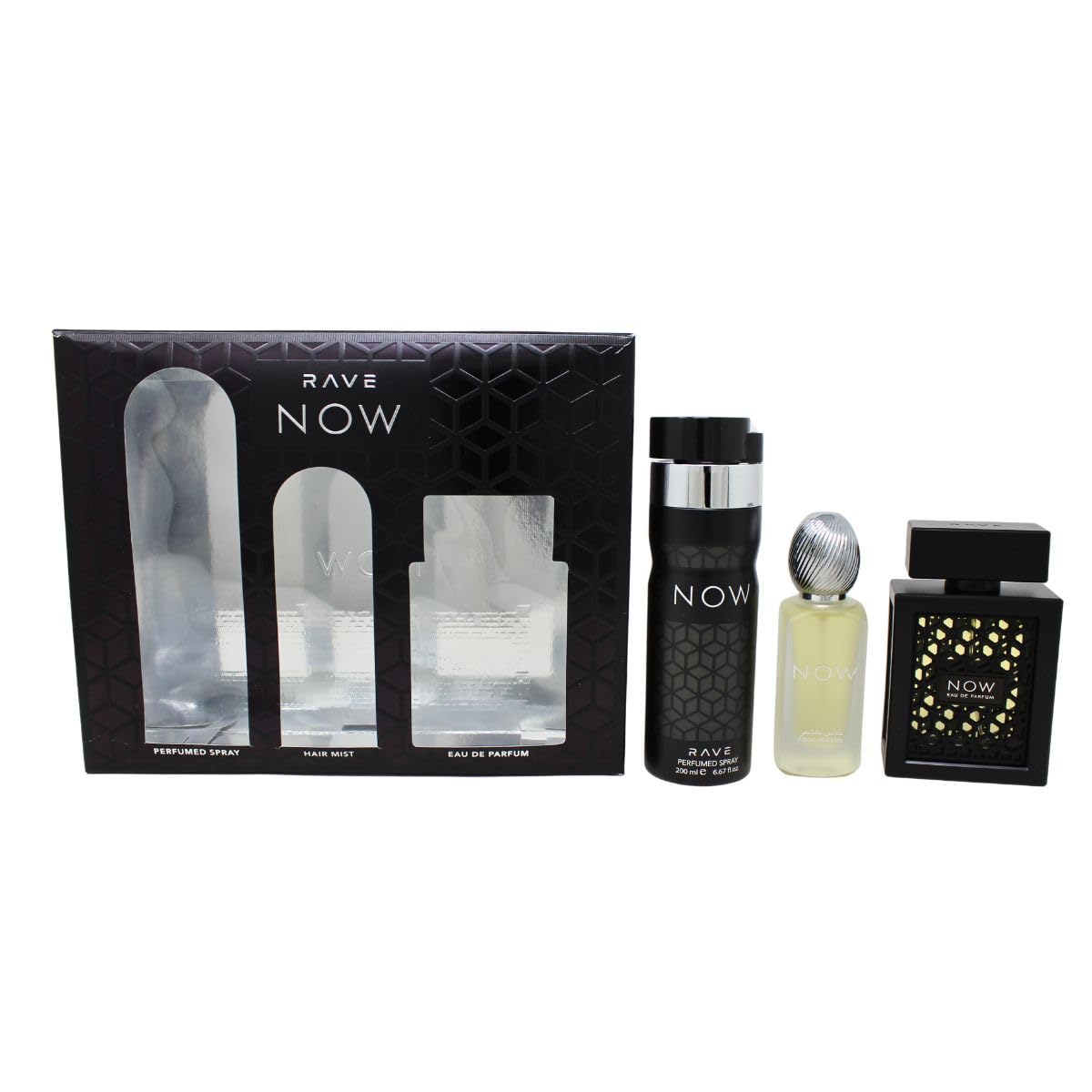 Lattafa Rave Now for Men 3 Piece Set (3.4 Oz Eau de Parfum Spray + 1.7 Oz Hair Mist + 6.7 Oz Deodorant Spray)